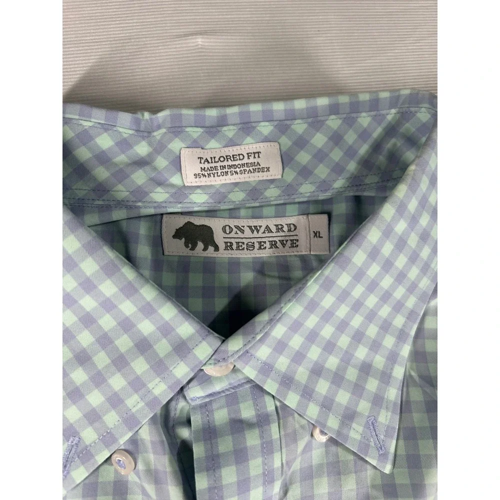 Onward Reserve Mens XL Tailored Fit Gingham Performance Shirt Green Purple Check